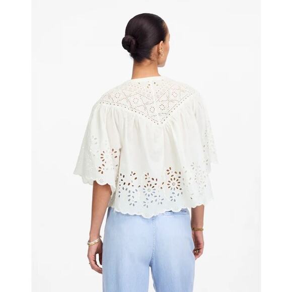 Madewell White Embroidered Shirred Henley Eyelet Top NWT Size S - Picture 3 of 9